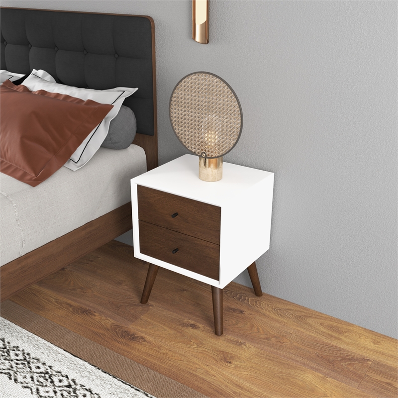 Pemberly Row Solid Wood Frame 2-Drawers Bedroom Nightstand in White/Walnut