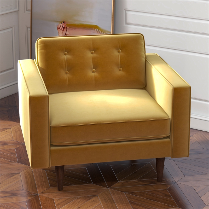 Pemberly Row Mid-Century Pillow Back Velvet Upholstered Armchair in Gold