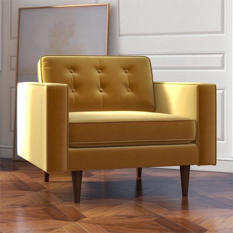 Pemberly Row Mid-Century Pillow Back Velvet Upholstered Armchair in Gold