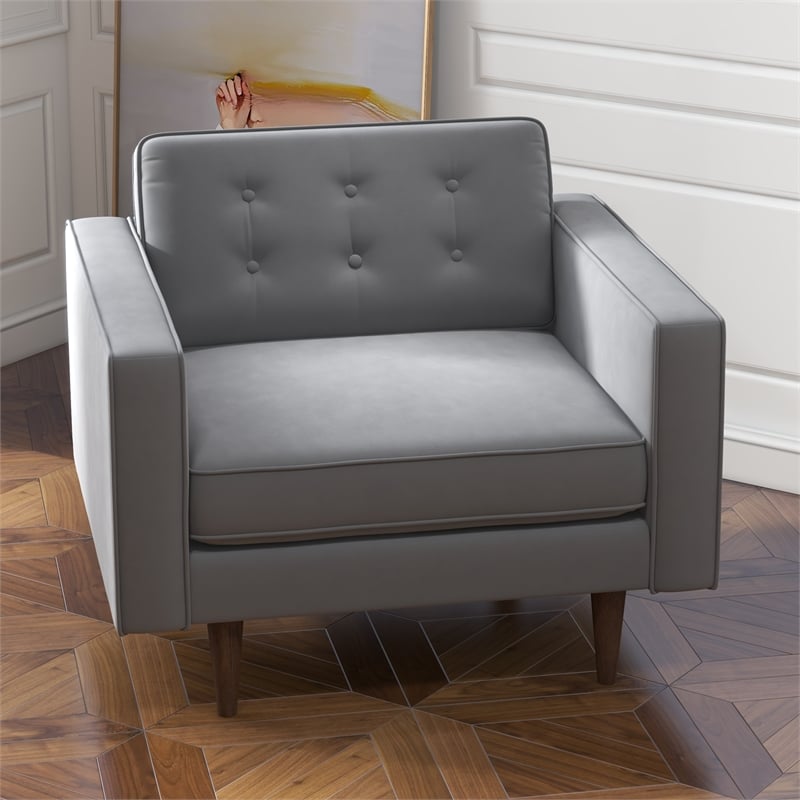 Pemberly Row Mid-Century Pillow Back Velvet Armchair in Grey
