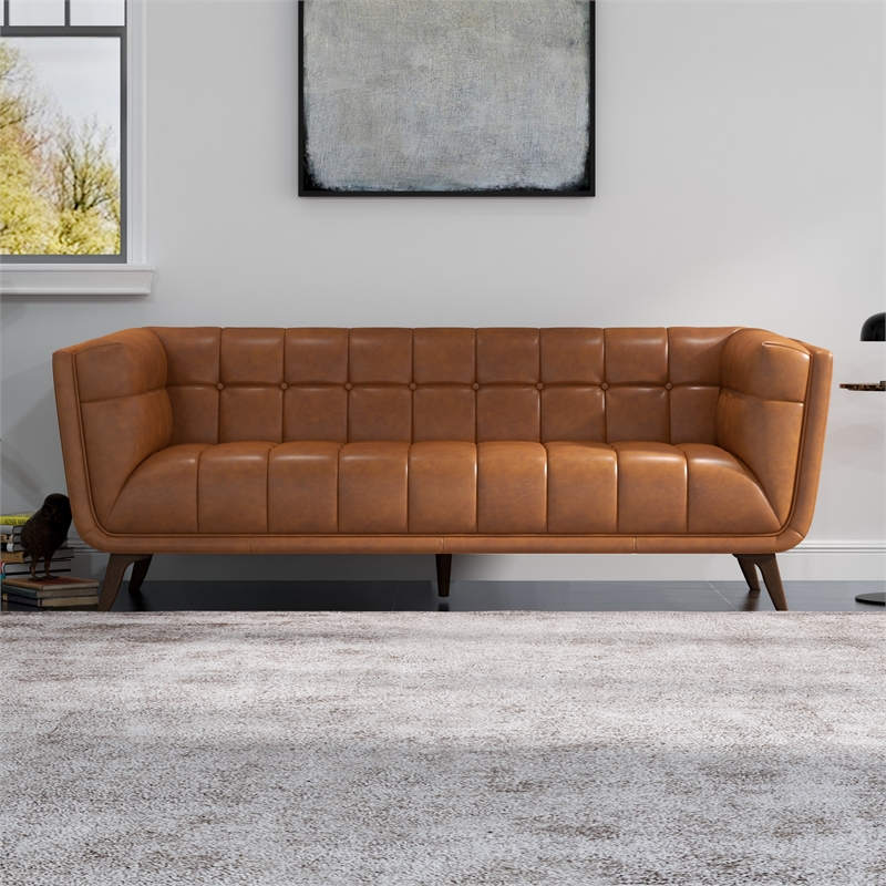 Pemberly Row Mid-Century Aniline Leather Tufted Back Sofa in Tan