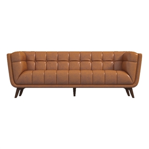 Pemberly Row Mid-Century Aniline Leather Tufted Back Sofa in Tan