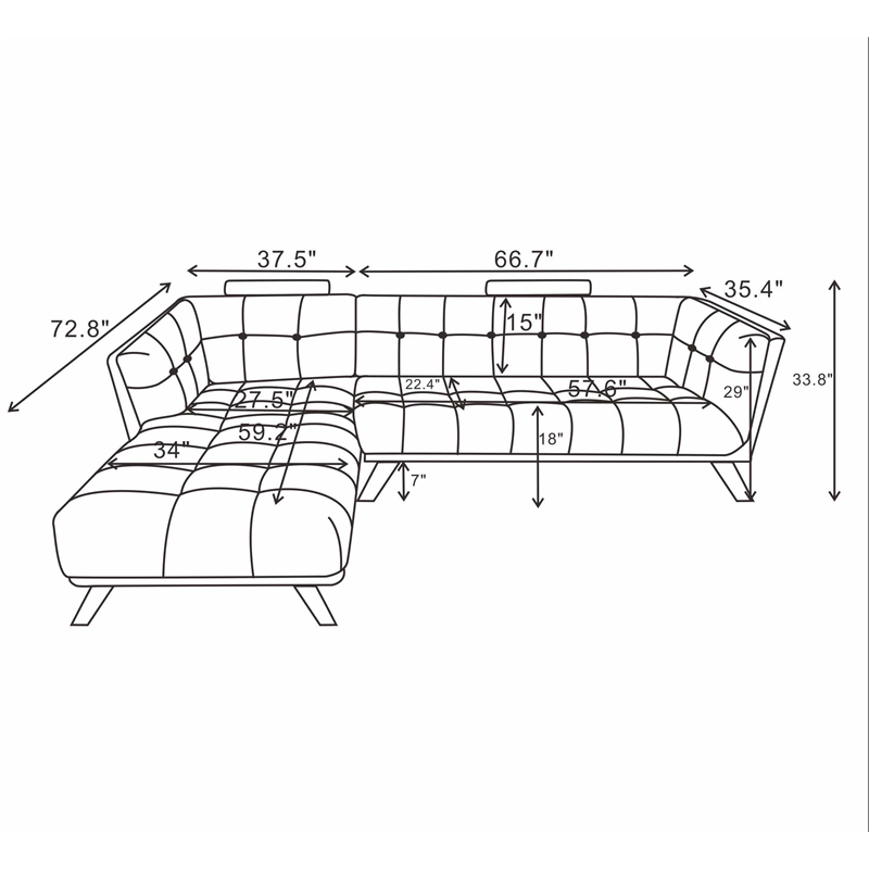Pemberly Row Modern L-Shaped Tufted Back Fabric Right-Facing Sectional in Gray