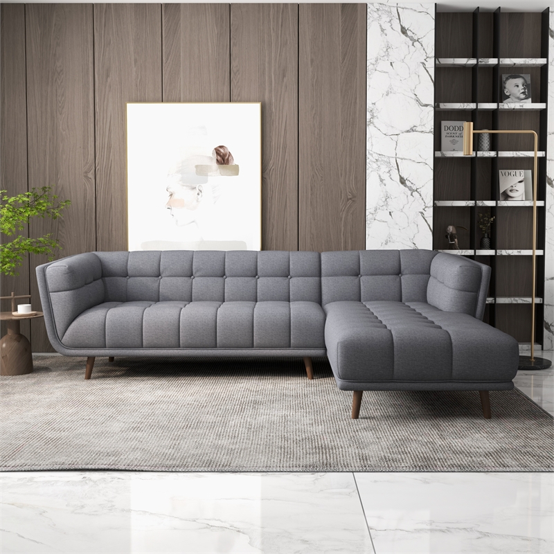 Pemberly Row Modern L-Shaped Tufted Back Fabric Right-Facing Sectional in Gray