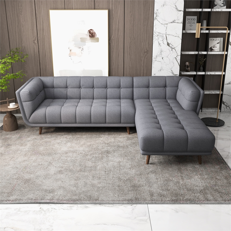 Pemberly Row Modern L-Shaped Tufted Back Fabric Right-Facing Sectional in Gray