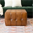 Pemberly Row Mid-Century 27.5-inch Square Genuine Leather Ottoman in Tan