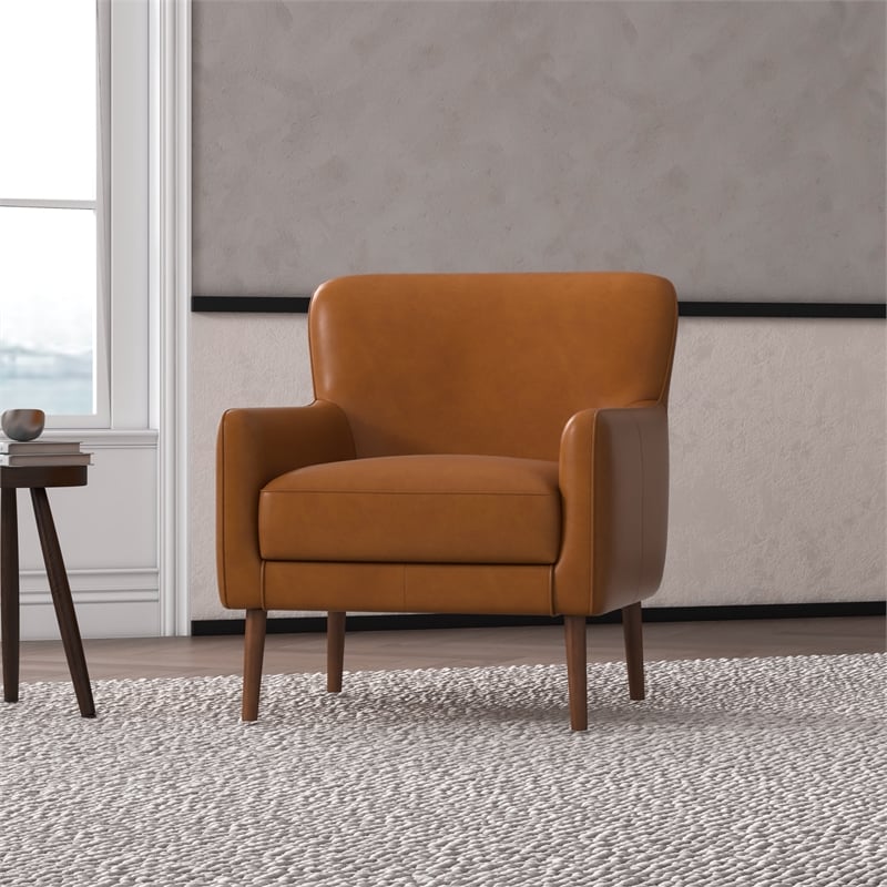 Pemberly Row Mid-Century Modern Tight Back Genuine Leather Lounge Chair in Tan