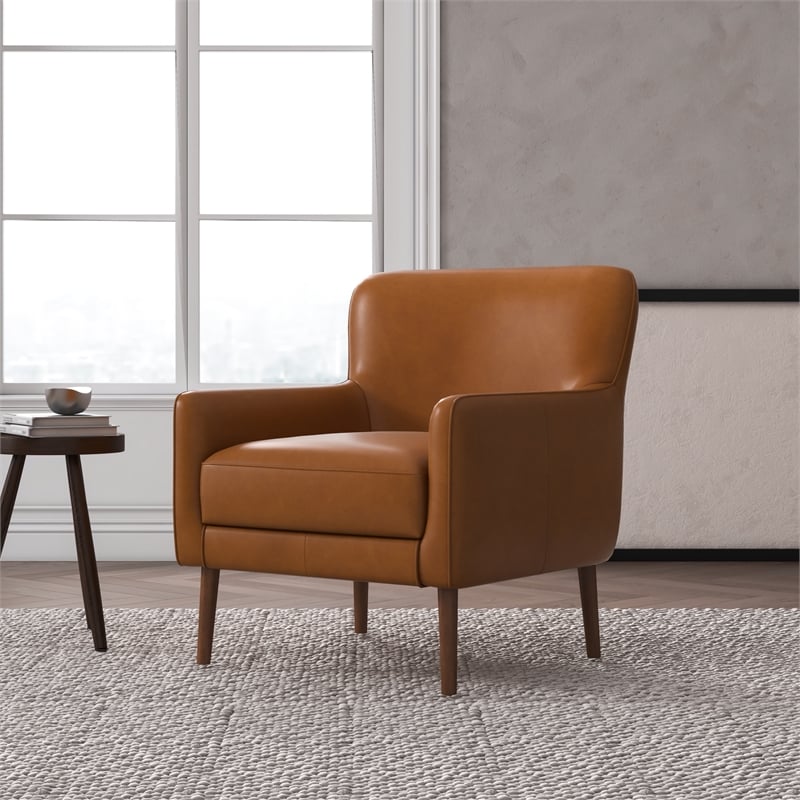 Pemberly Row Mid-Century Modern Tight Back Genuine Leather Lounge Chair in Tan