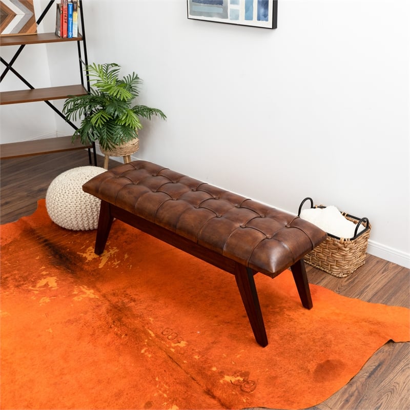 Pemberly Row Button-Tufted Genuine Leather Upholstered Bench in Tan