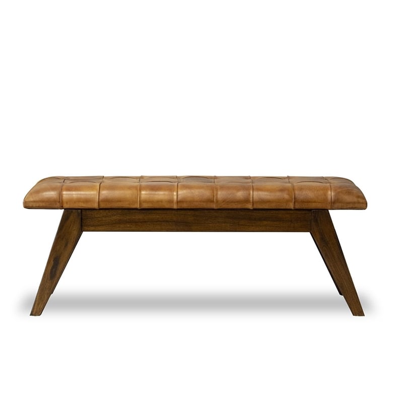 Pemberly Row Button-Tufted Genuine Leather Upholstered Bench in Tan