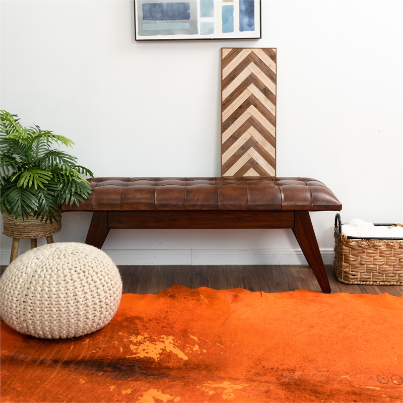 Pemberly Row Button-Tufted Genuine Leather Upholstered Bench in Tan