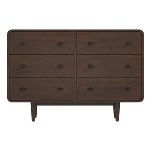 Pemberly Row Mid-Century 6-Drawer Double-Dresser Solid Wood in Brown