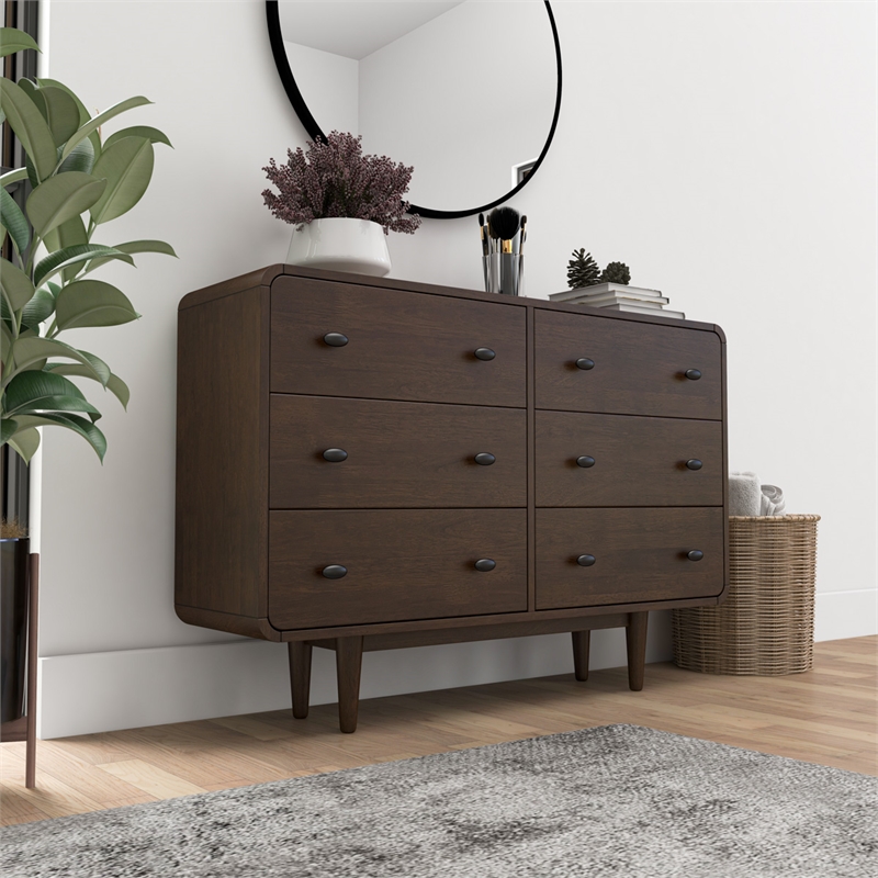 Pemberly Row Mid-Century 6-Drawer Double-Dresser Solid Wood in Brown