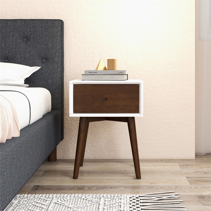 Pemberly Row Mid-Century Solid Wood 1-Drawer Night Stand in White