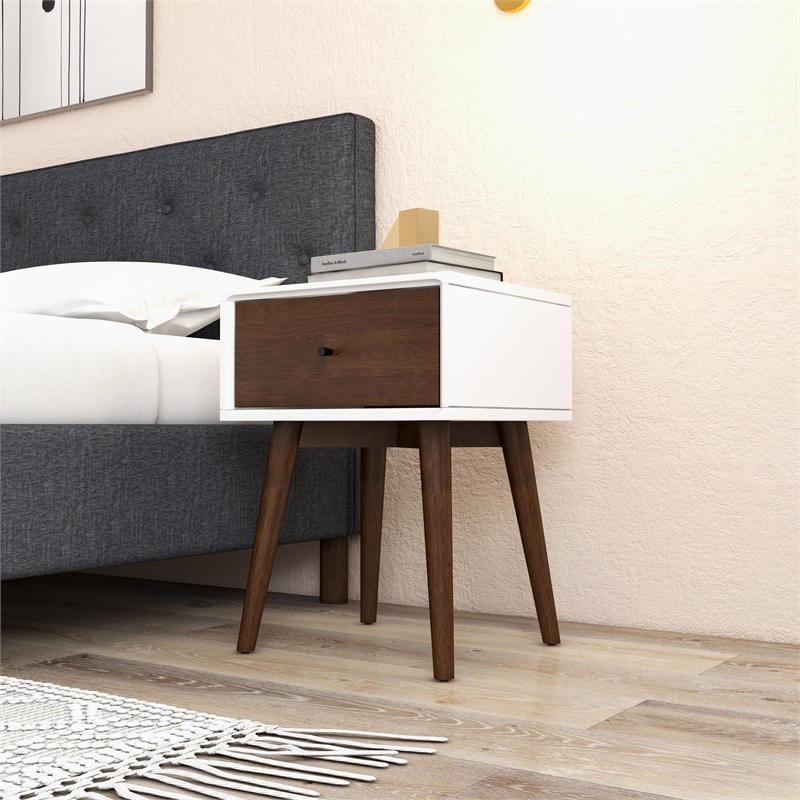 Pemberly Row Mid-Century Solid Wood 1-Drawer Night Stand in White