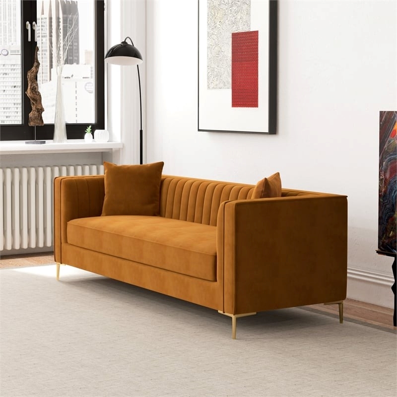 Pemberly Row Velvet Upholstered  Square Arm Couch in Cognac Tan