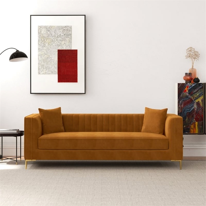 Pemberly Row Velvet Upholstered  Square Arm Couch in Cognac Tan