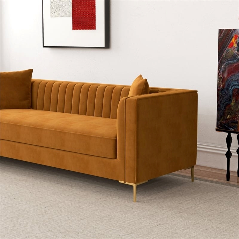 Pemberly Row Velvet Upholstered  Square Arm Couch in Cognac Tan