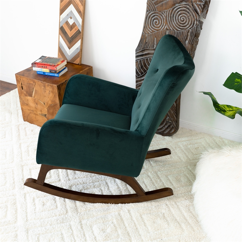 Pemberly Row Mid-Century Tight Back Velvet Rocking Chair in Green