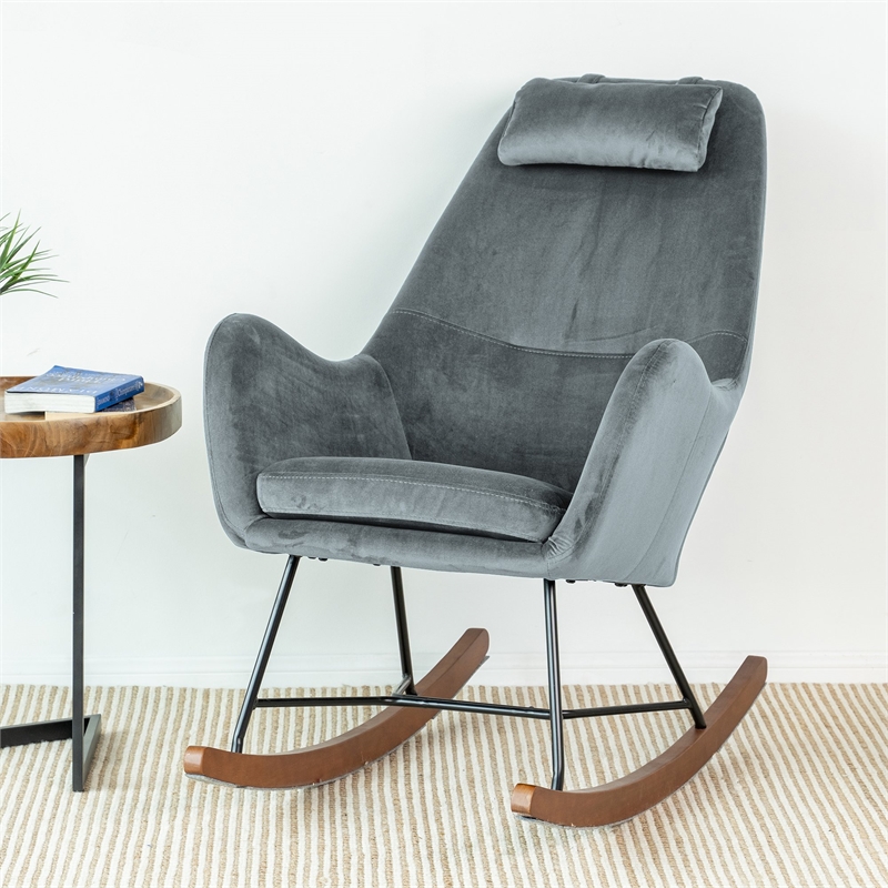Pemberly Row Mid-Century Tight Back Velvet Rocking Chair in Dark Grey