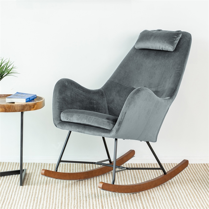 Pemberly Row Mid-Century Tight Back Velvet Rocking Chair in Dark Grey
