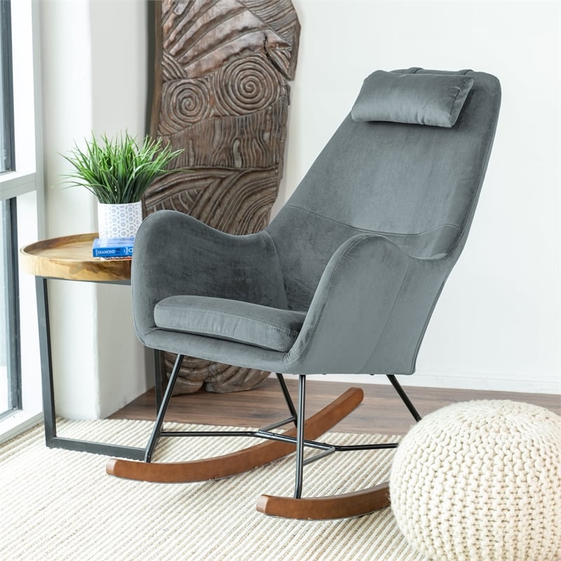 Pemberly Row Mid-Century Tight Back Velvet Rocking Chair in Dark Grey