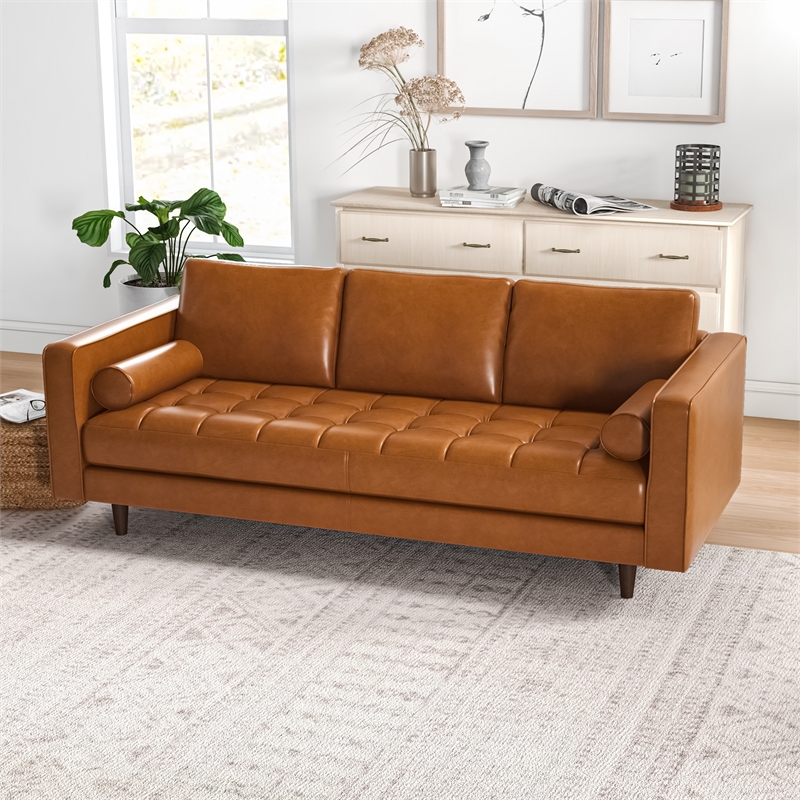 Pemberly Row Mid-Century Genuine Aniline Leather Pillow Back Sofa in Tan