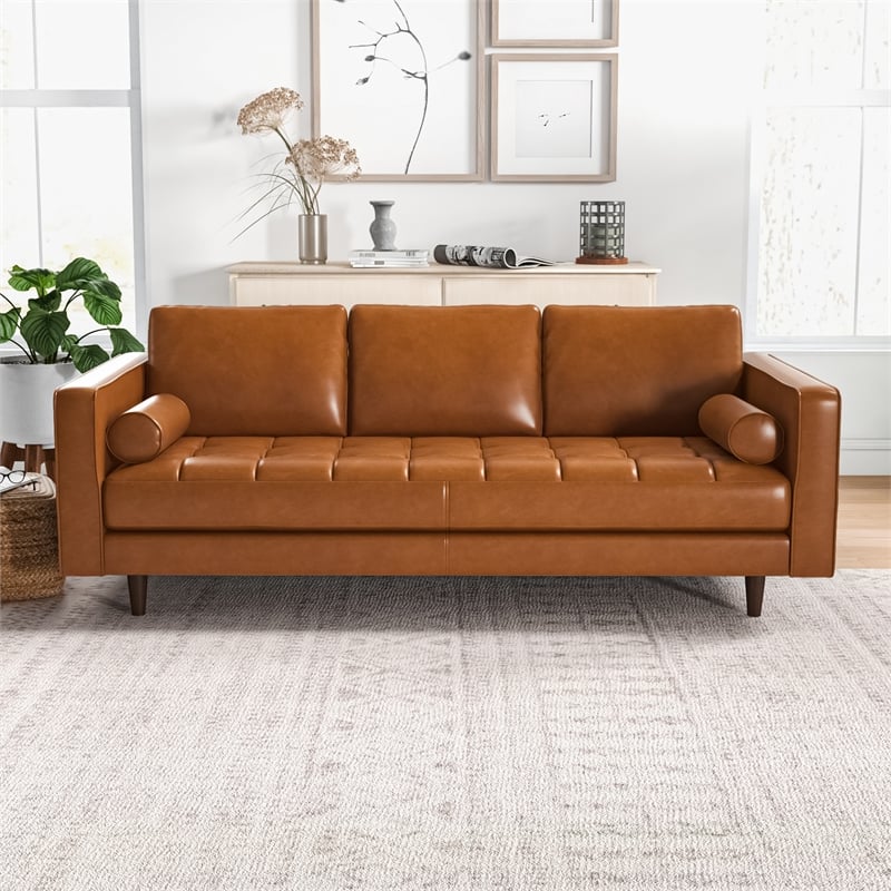 Pemberly Row Mid-Century Genuine Aniline Leather Pillow Back Sofa in Tan