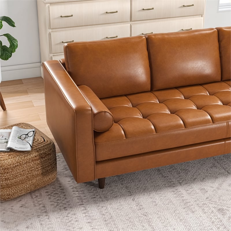 Pemberly Row Mid-Century Genuine Aniline Leather Pillow Back Sofa in Tan