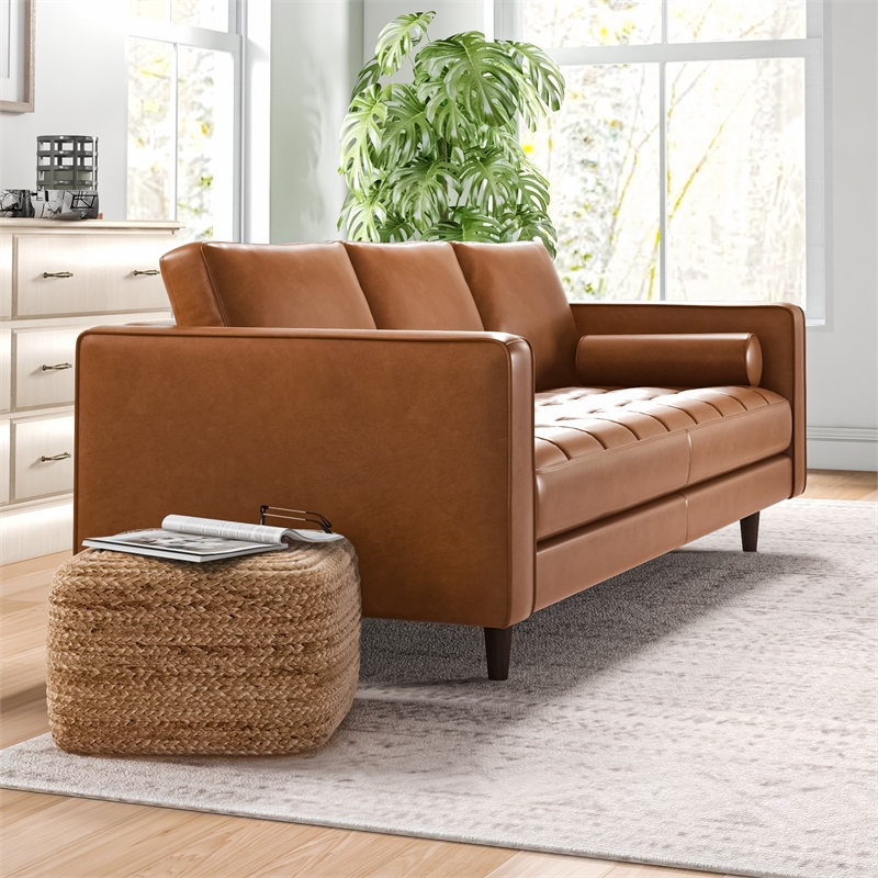 Pemberly Row Mid-Century Genuine Aniline Leather Pillow Back Sofa in Tan