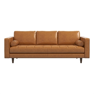 Pemberly Row Mid-Century Genuine Aniline Leather Pillow Back Sofa in Tan