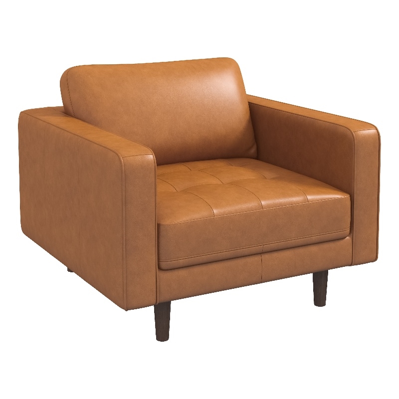 Pemberly Row Mid-Century Pillow Back Genuine Leather Upholstered Armchair in Tan