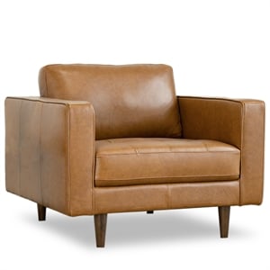 pemberly row mid-century pillow back genuine leather upholstered armchair in tan