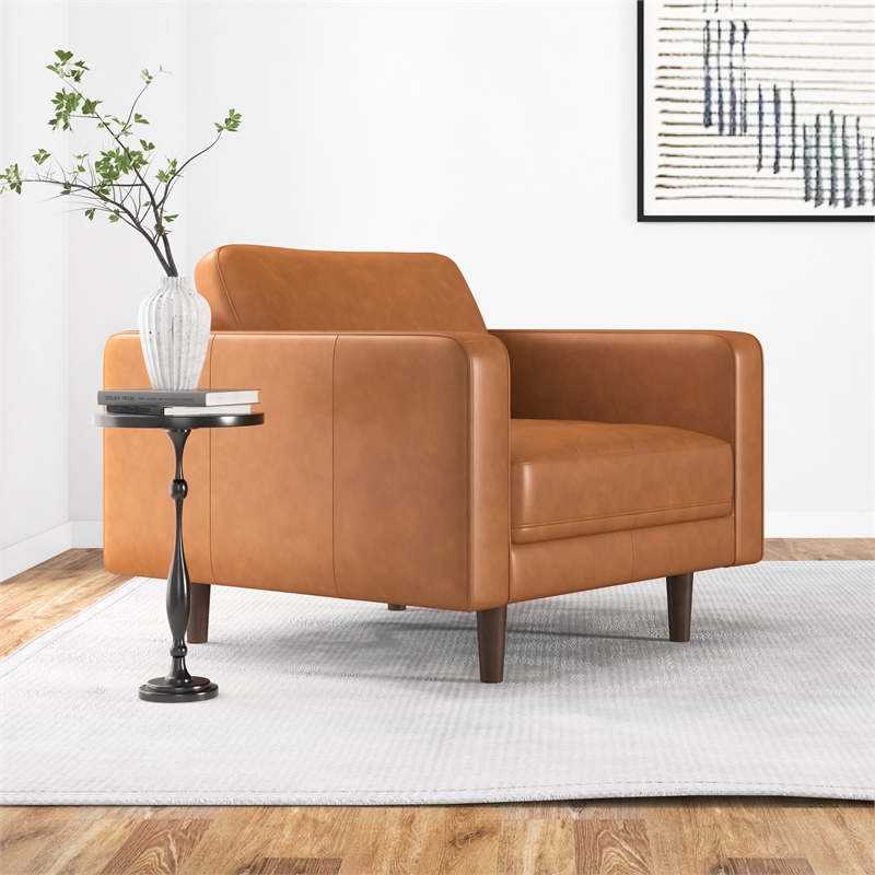 Pemberly Row Mid-Century Pillow Back Genuine Leather Upholstered Armchair in Tan
