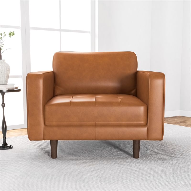 Pemberly Row Mid-Century Pillow Back Genuine Leather Upholstered Armchair in Tan