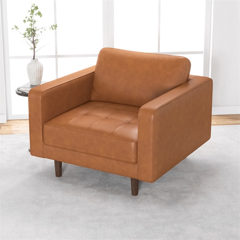 Pemberly Row Mid-Century Pillow Back Genuine Leather Upholstered Armchair in Tan