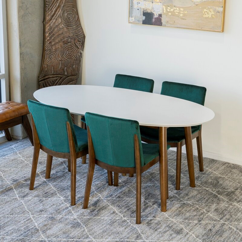 Pemberly Row 5-Piece Modern Oval Dining Set w/ 4 Velvet Dining Chairs in Green