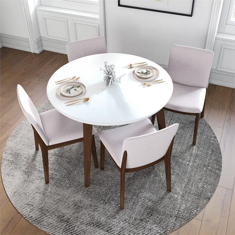 Pemberly Row 5-Piece Modern Round Dining Set w/ 4 Fabric DiningChairs in Beige