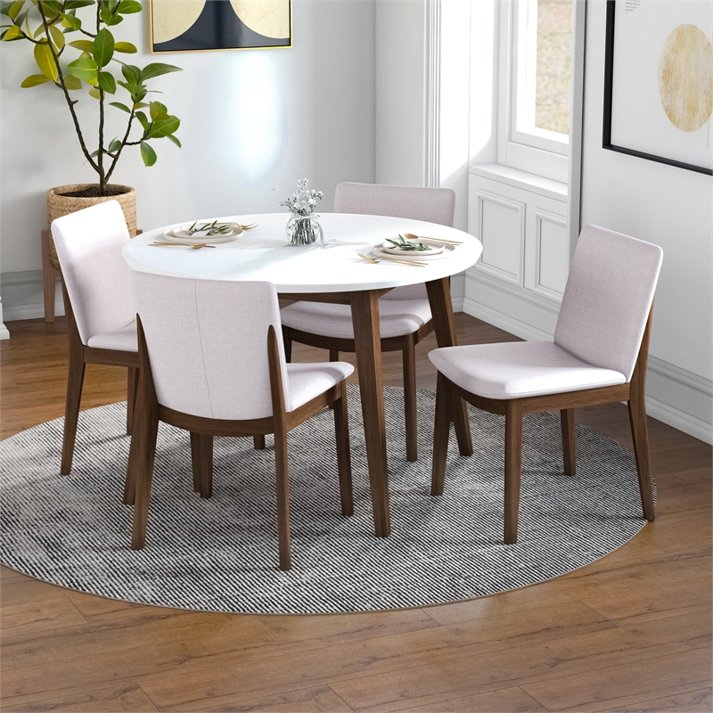 Pemberly Row 5-Piece Modern Round Dining Set w/ 4 Fabric DiningChairs in Beige