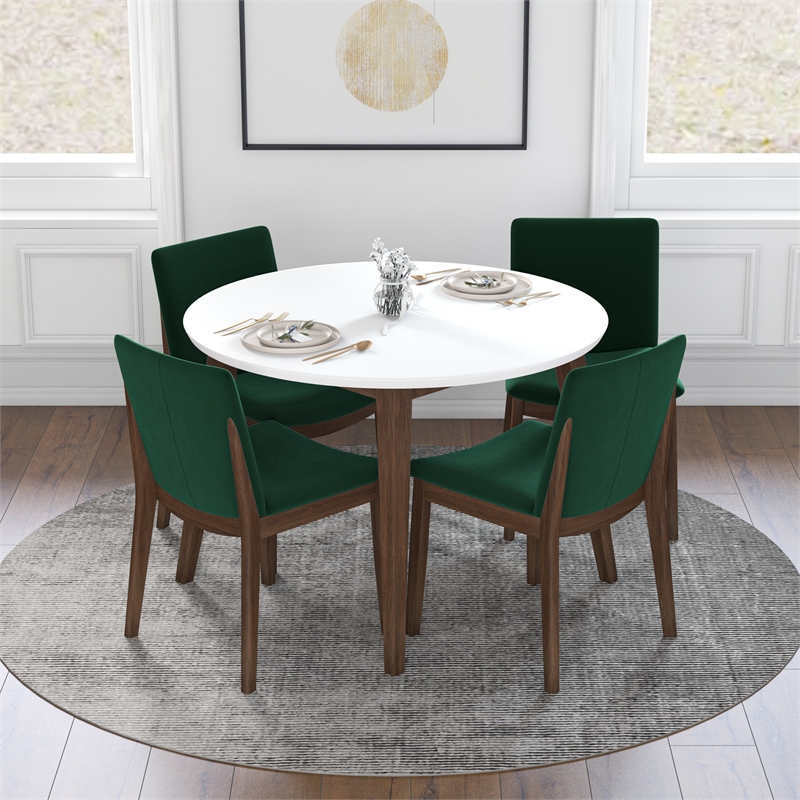 Pemberly Row 5-Piece Modern Round Dining Set w/ 4 Velvet Dining Chairs in Green