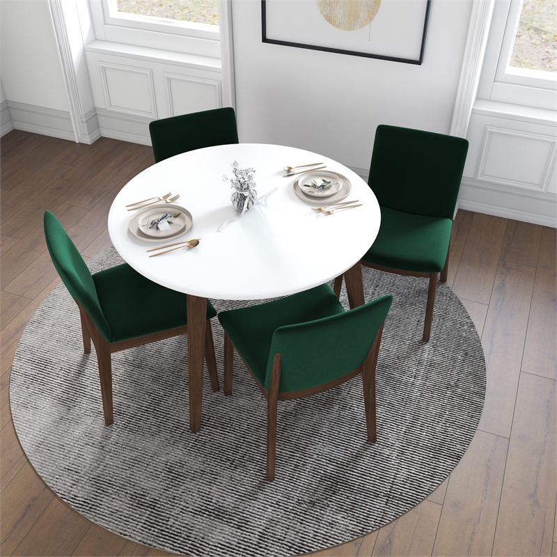 Pemberly Row 5-Piece Modern Round Dining Set w/ 4 Velvet Dining Chairs in Green
