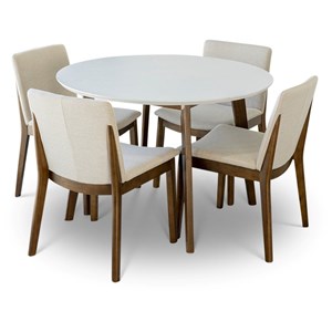 Pemberly Row 5-Piece Mid-Century Dining Set with 4 Fabric Dining Chairs in beige