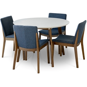 Pemberly Row 5-Piece Mid-Century Dining Set with 4 Fabric dining chairs in Blue