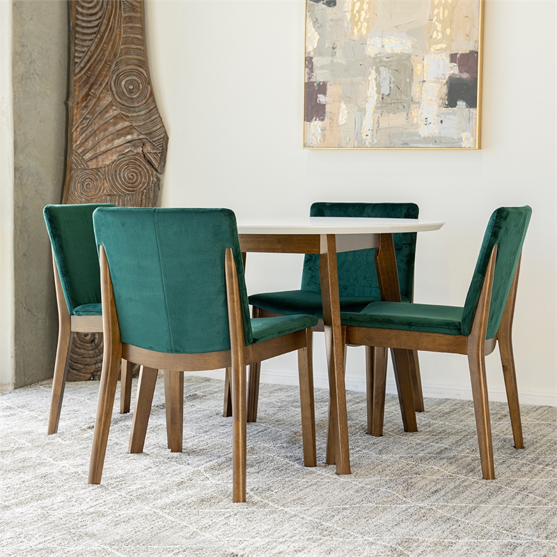 Pemberly Row 5-Piece Modern Round Dining Set w/ 4 Velvet Dining Chairs in Green
