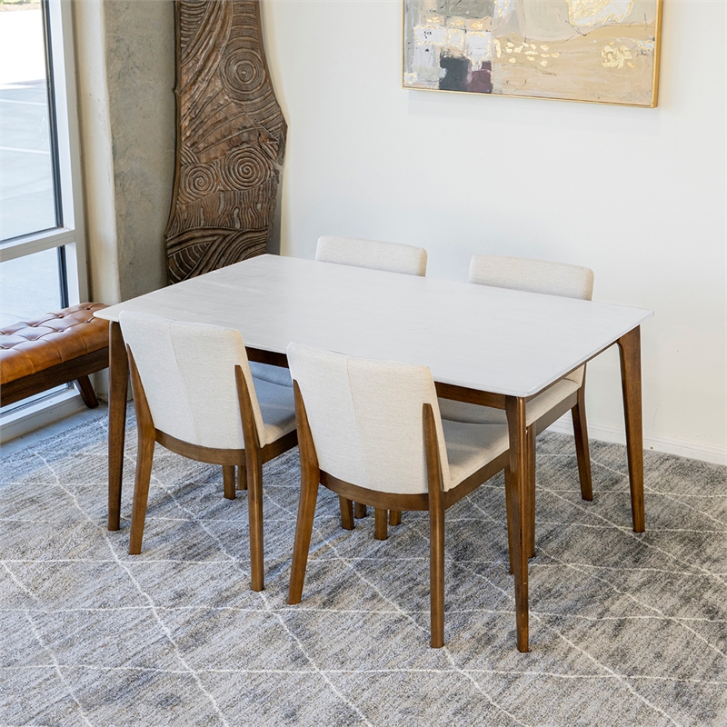 Pemberly Row 5-Piece Mid-Century Dining Set with 4 Fabric Dining Chairs in Beige
