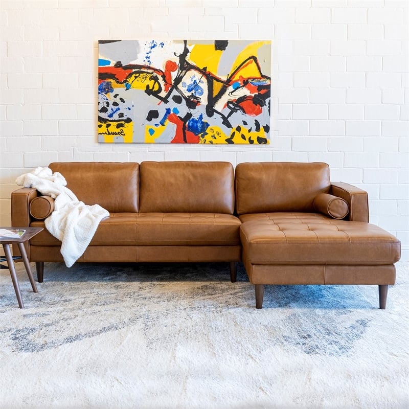 Pemberly Row Mid-Century Leather Cushion Back Right-Facing Sectional in Tan