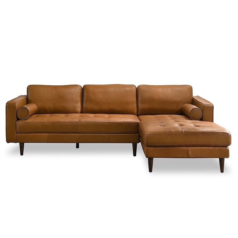 Pemberly Row Mid-Century Leather Cushion Back Right-Facing Sectional in Tan
