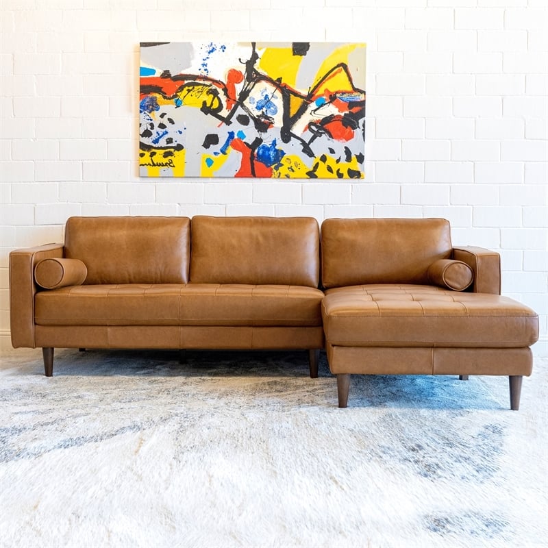 Pemberly Row Mid-Century Leather Cushion Back Right-Facing Sectional in Tan