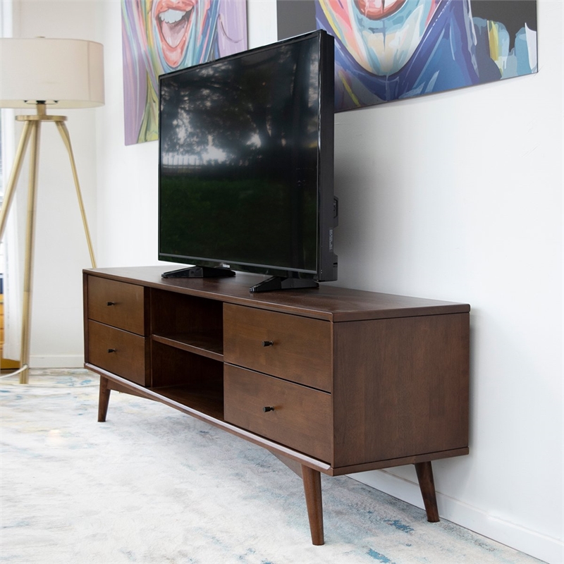 Pemberly Row MidCentury Modern Solid Wood TV Stand in Brown (for TVs
