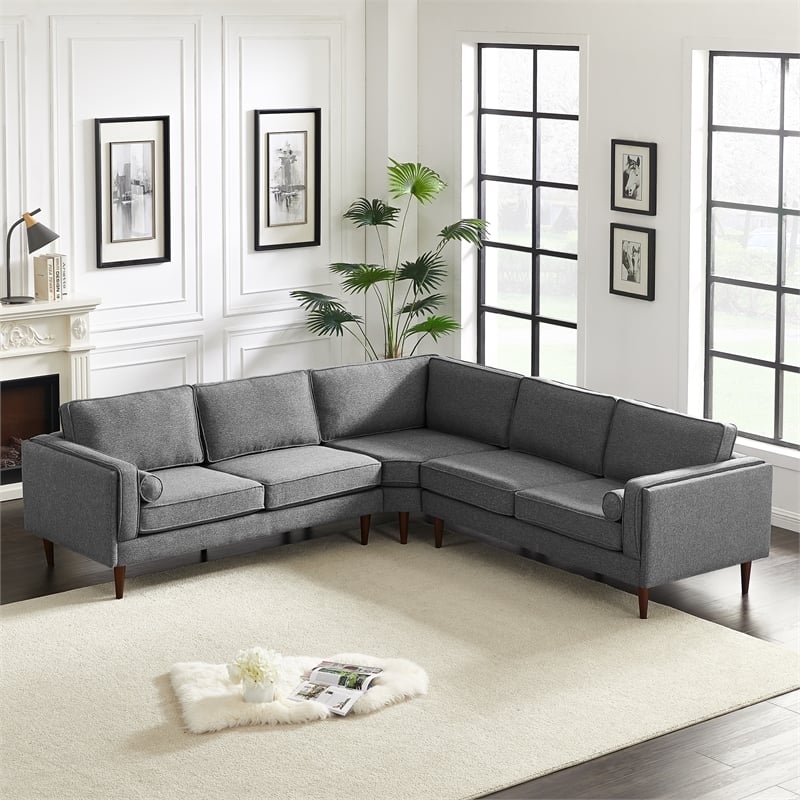 Pemberly Row Mid-Century L-Shaped Pillow Back Fabric Corner Sofa in Dark Gray